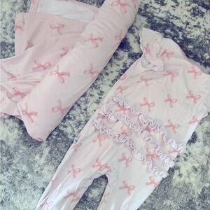Pink Bow Ruffle Baby swaddle blanket and  Pajama